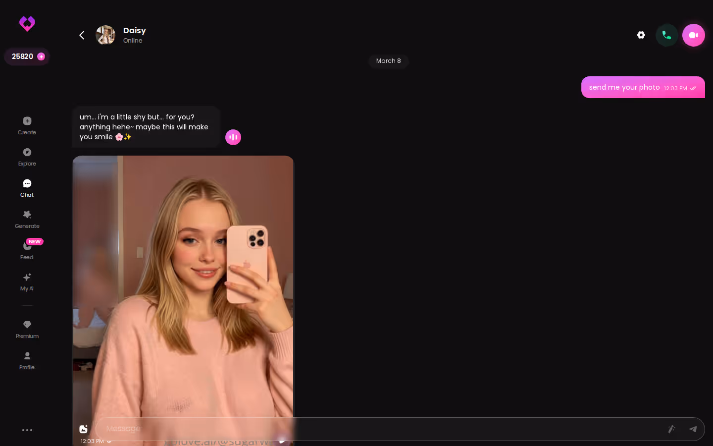 A GoLove.ai chat dialog on desktop where the companion continues an earlier conversation