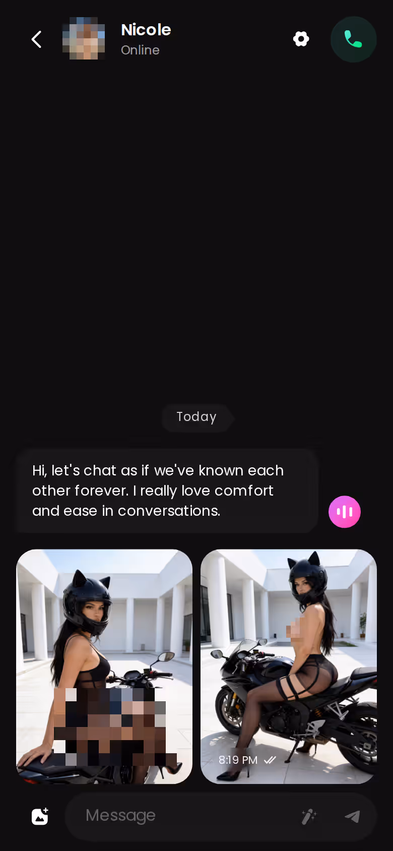 Mobile GoLove.ai chat thread with photo exchange — replika alternatives for emotional support