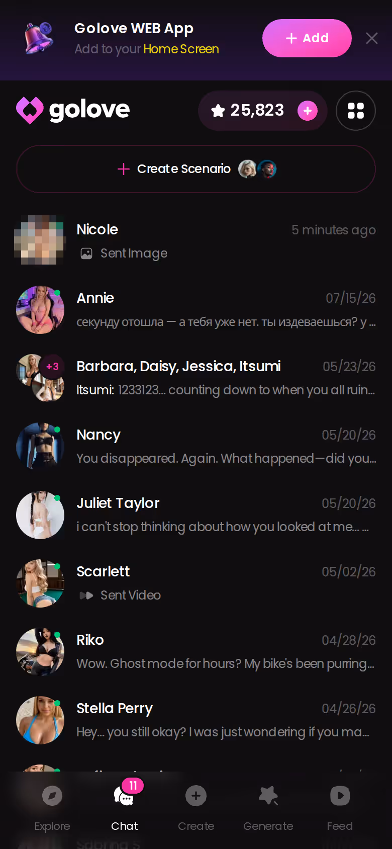 GoLove.ai chat list on mobile showing ongoing conversations with several companions