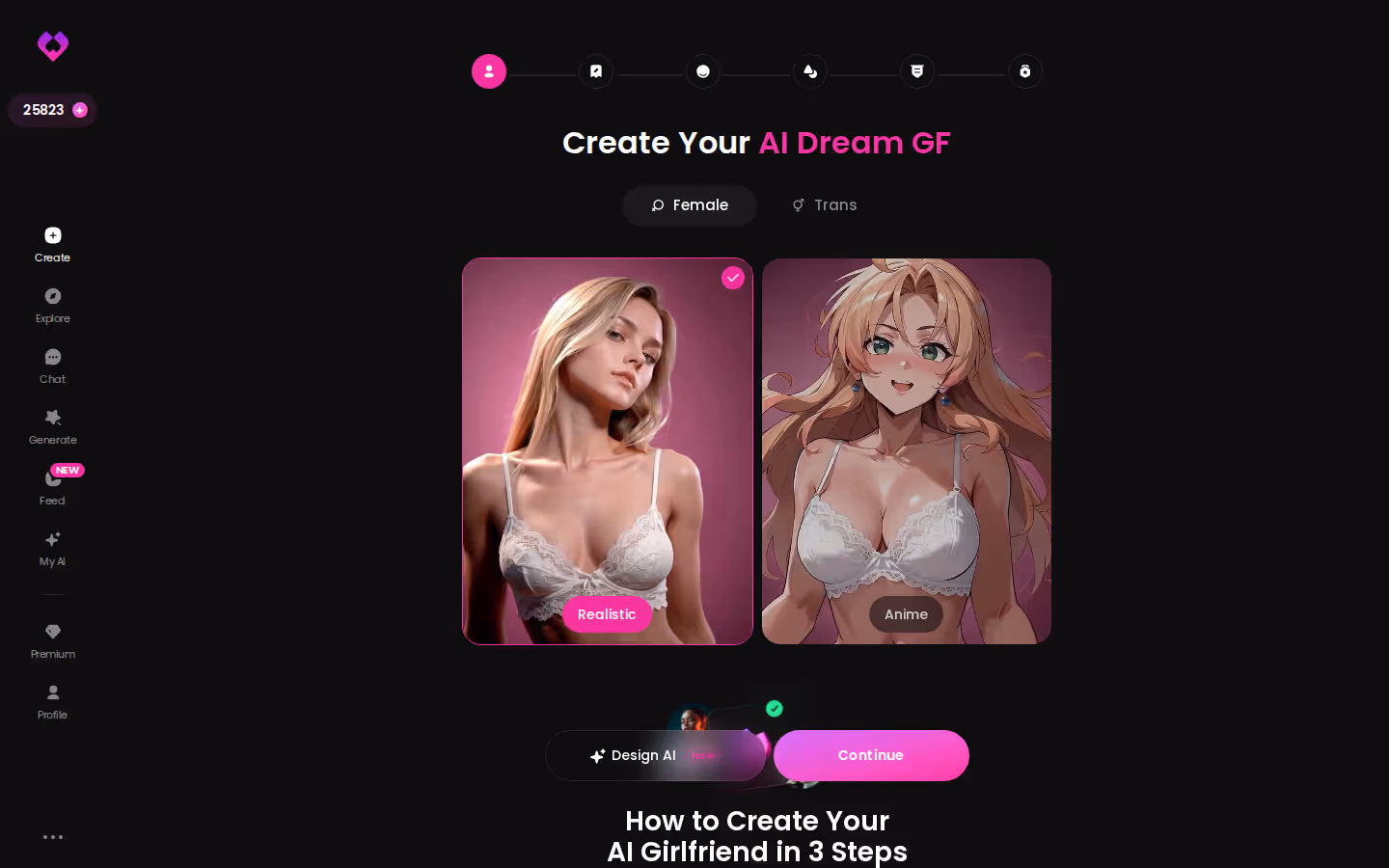 GoLove character creation start screen with Realistic, Anime, Trans and Design with AI options