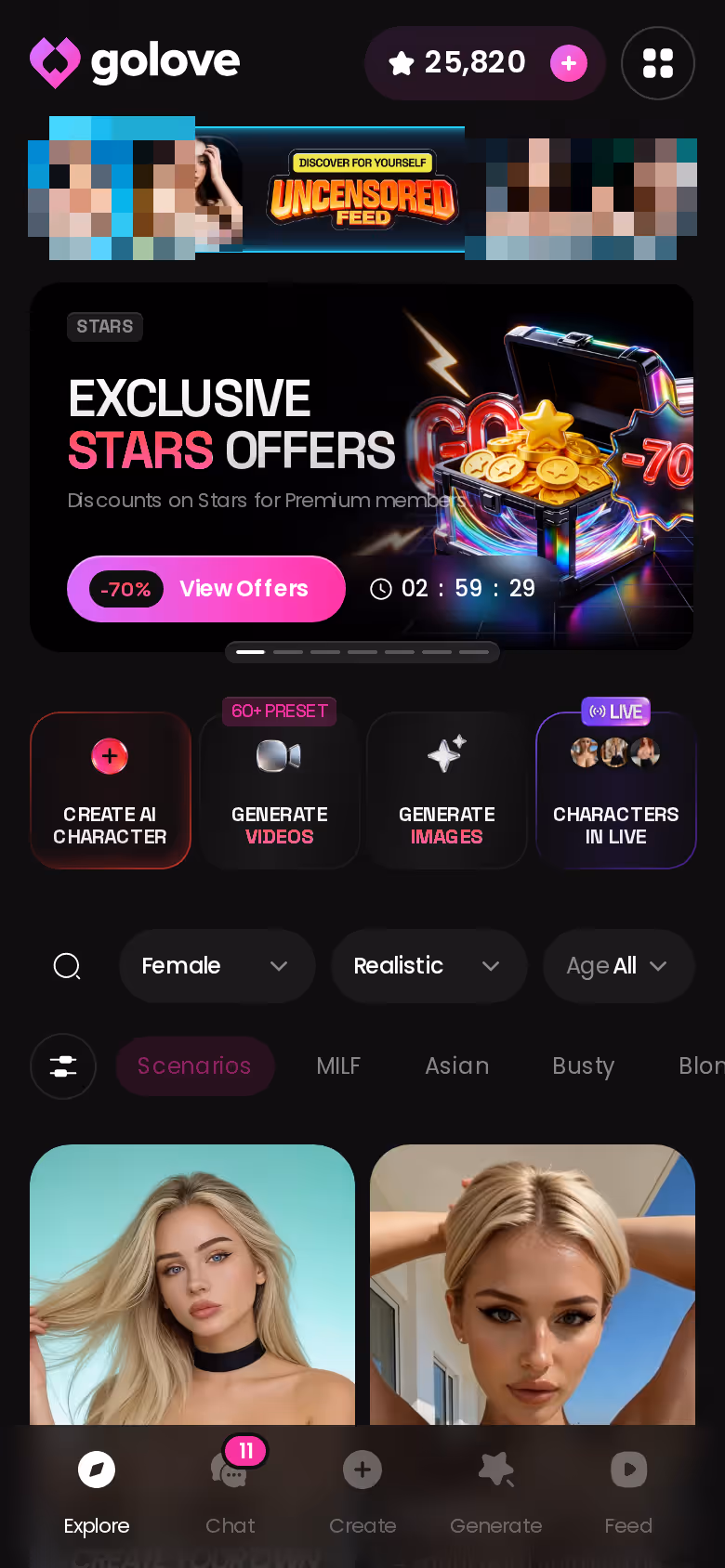 GoLove.ai Explore page on mobile showing realistic AI characters