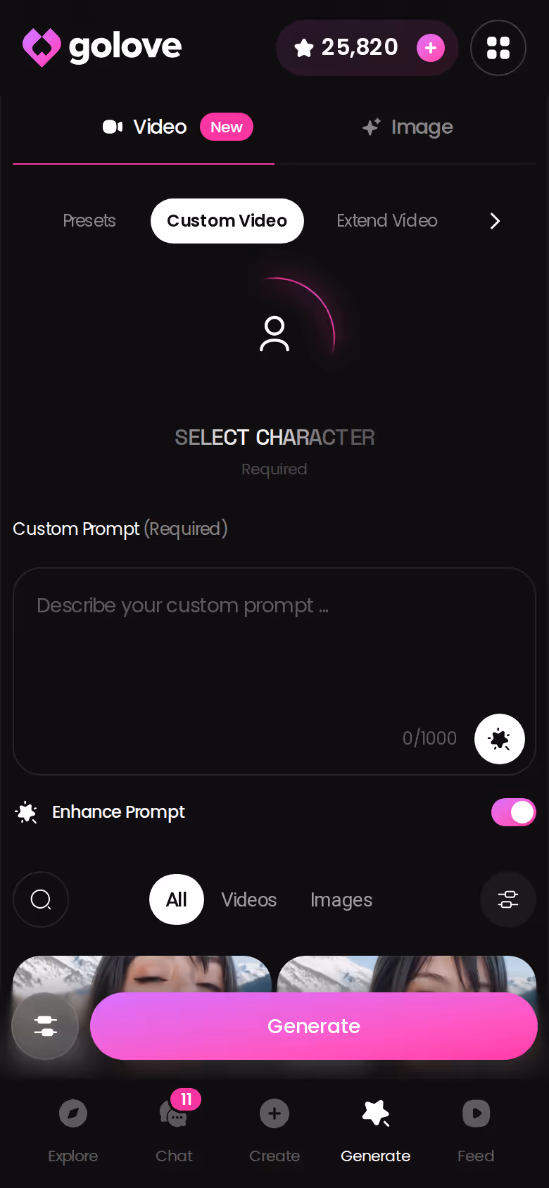 GoLove's Custom Video flow on mobile, for making a scene of your own after an episode