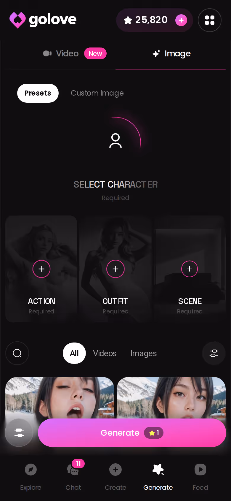 Image mode on mobile, where presets stack and one tap renders at 1 Star per image, which is where Stars actually go