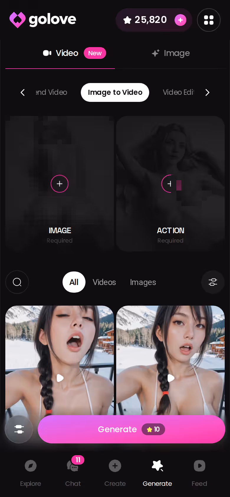 GoLove image-to-video screen on mobile, where a photo becomes a short clip for Stars