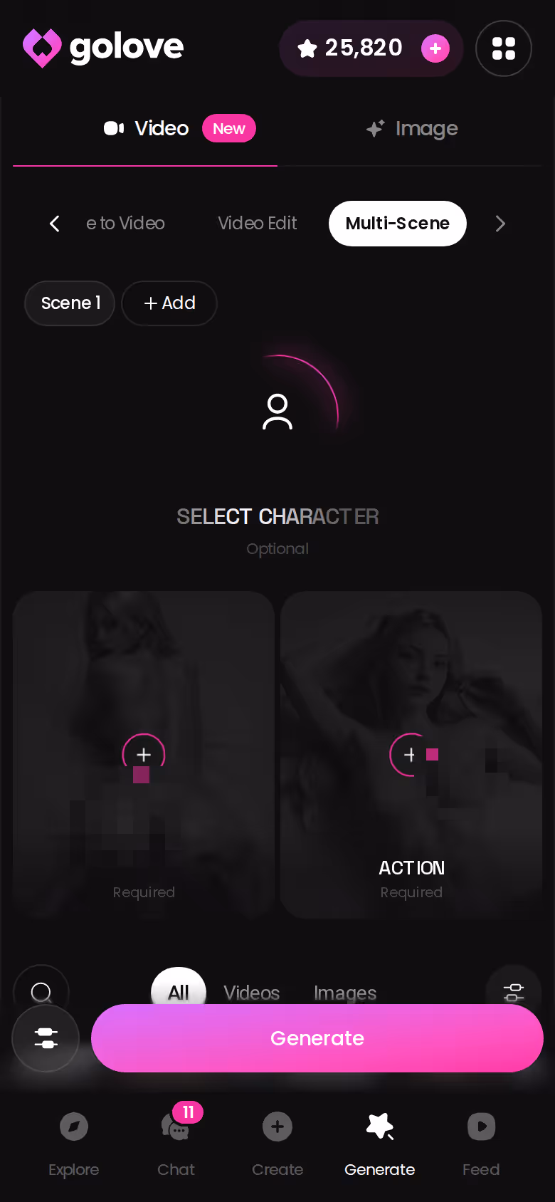 GoLove Multi-Scene video generator on mobile, building one clip from several moments
